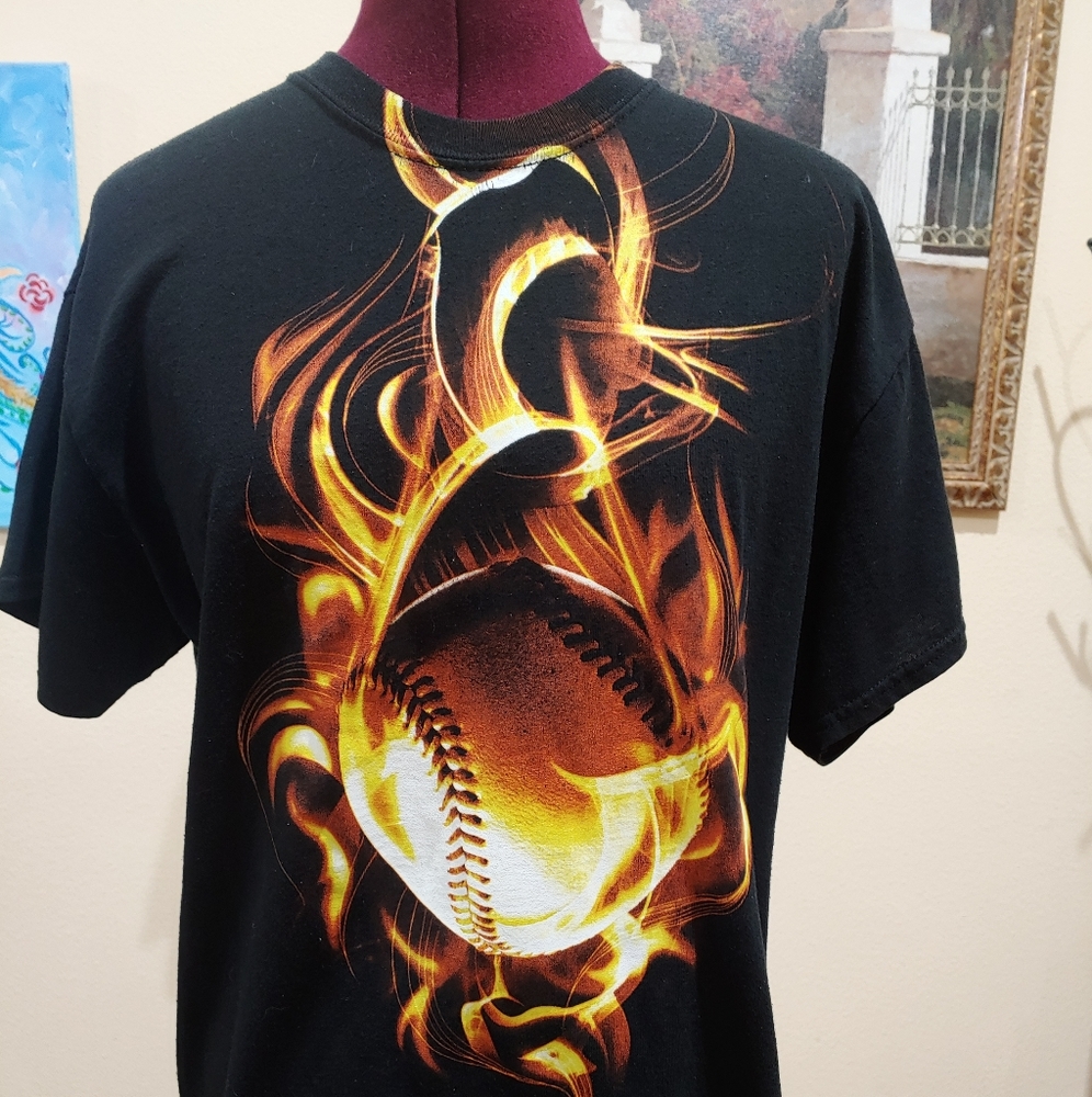 Baseball On Fire Mens T-Shirt Size Med.
